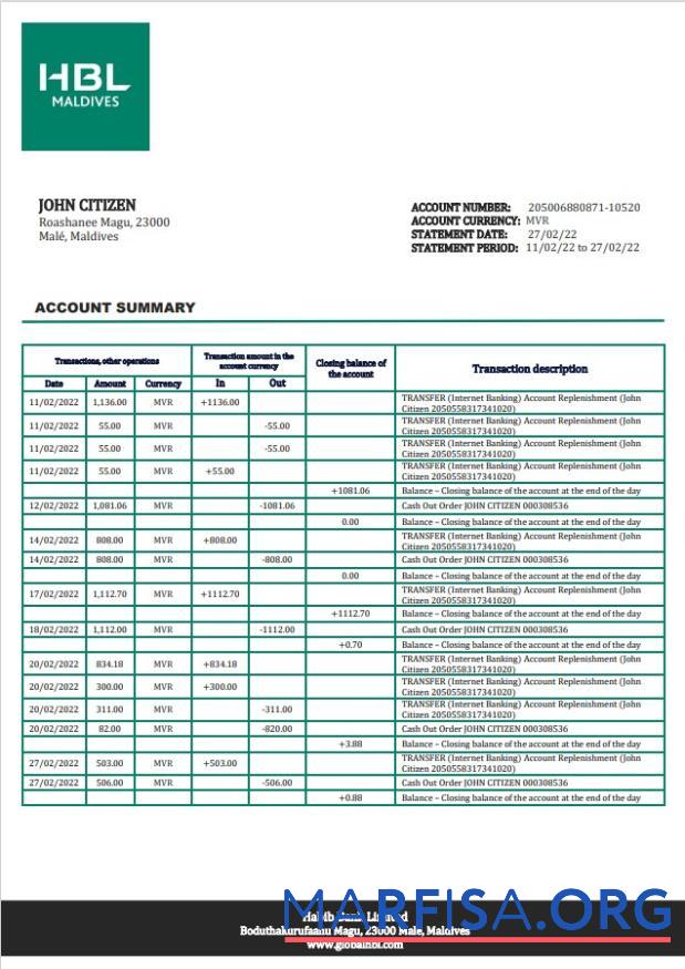 Blank Maldives HBL bank statement word real example
